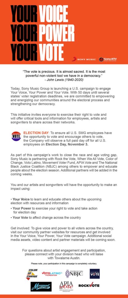 Sony Music Group launches US voter campaign, Your Voice, Your Power ...