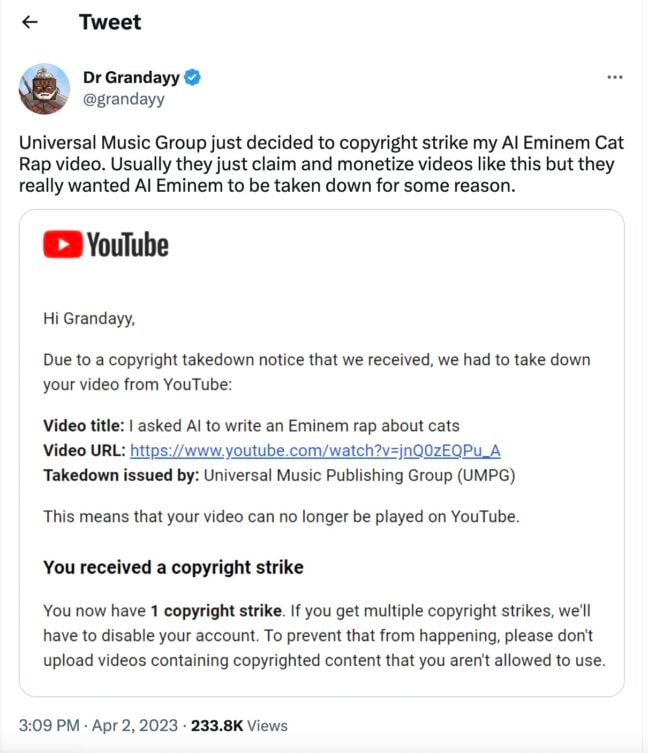Why did Universal ask YouTube to take down an AI Eminem track?