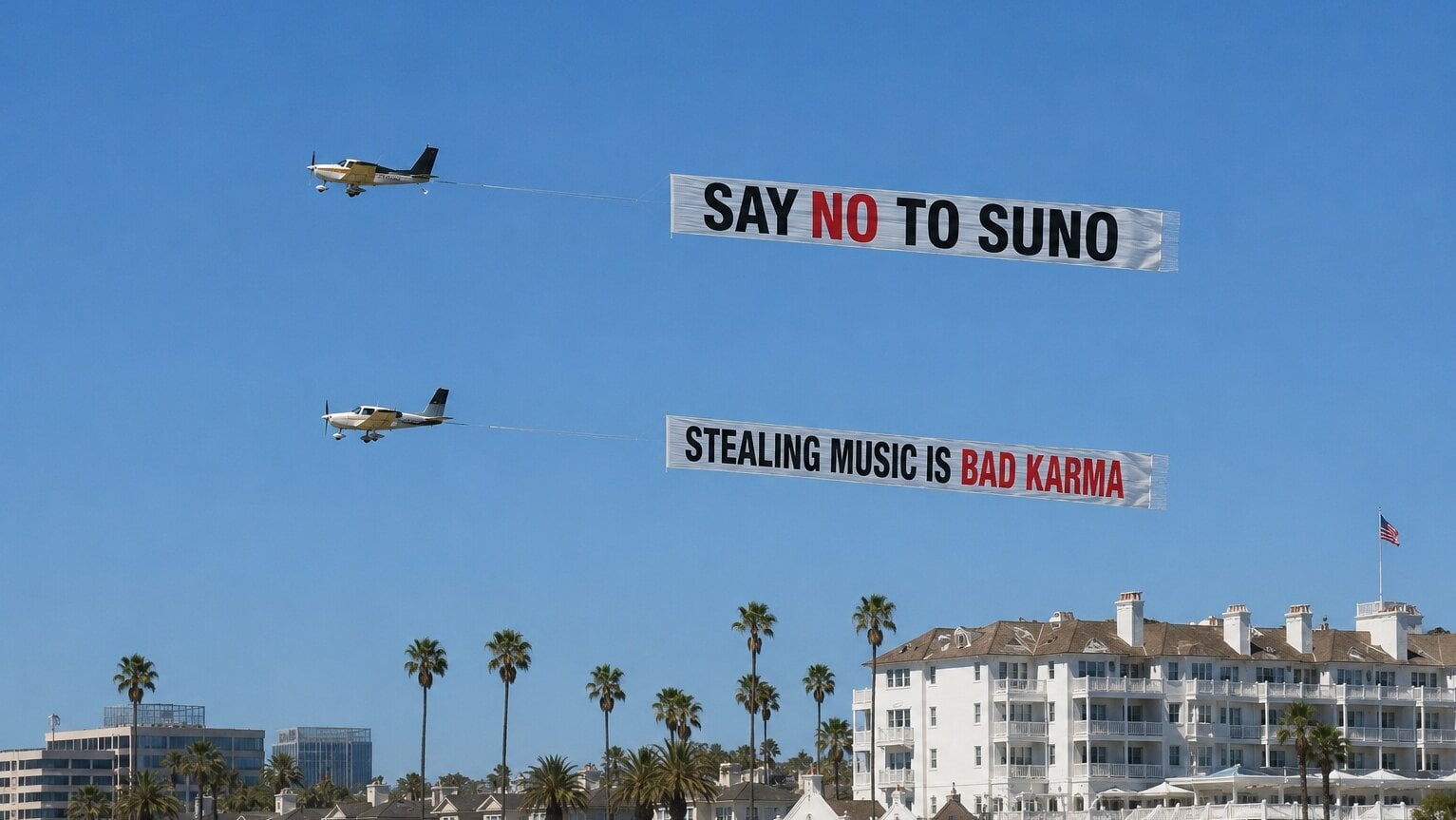 ‘Say No To Suno’ Banner Flies Over AI Investor Summit Featuring CEO Mikey Shulman