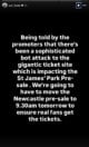 Sam Fender's Instagram Story on the St James' Park presale Sam Fender's Instagram Story on the St James' Park presale